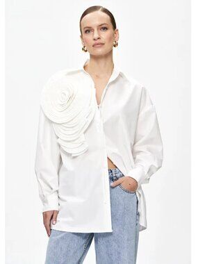 White Pleated Accent Flower Button-Up Blouse